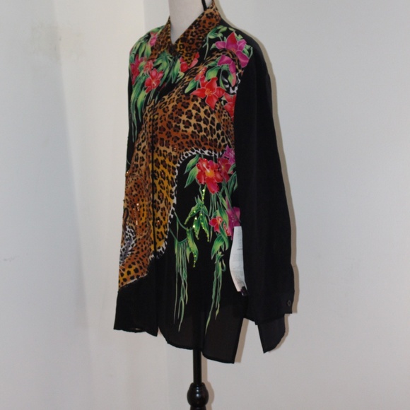 Diane Gilman, Black Shirt with Leopard and Floral Design blouse 100% Silk - Picture 2 of 11